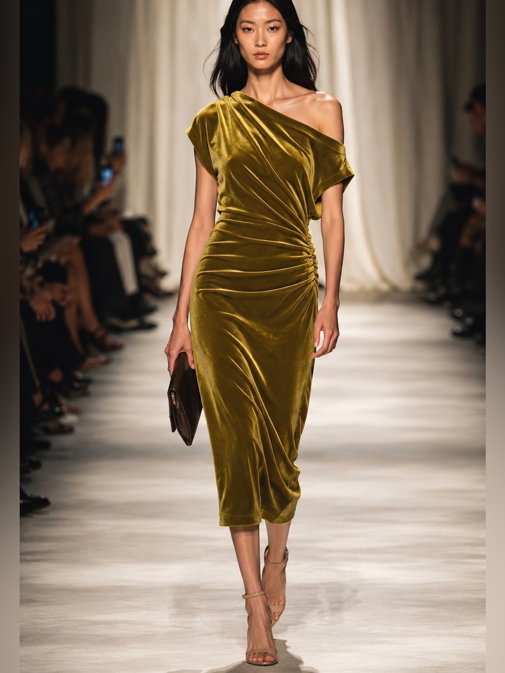 Gibson & Latimer Velvet Ruched Midi Dress – Size: XL  NWT   Olive Chartreuse